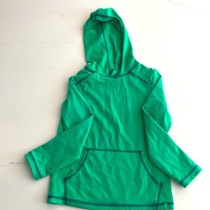 Mini Boden kid’s hooded rash guard green with navy stitching